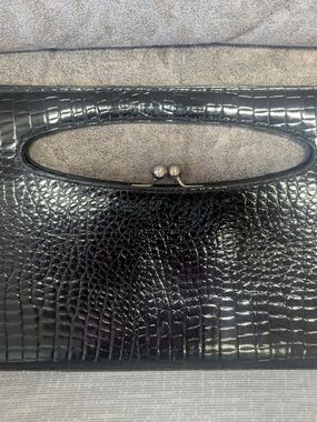Vintage Empire Orr Black Croc Embossed Clutch | Cutout Handle Frame Evening Bag